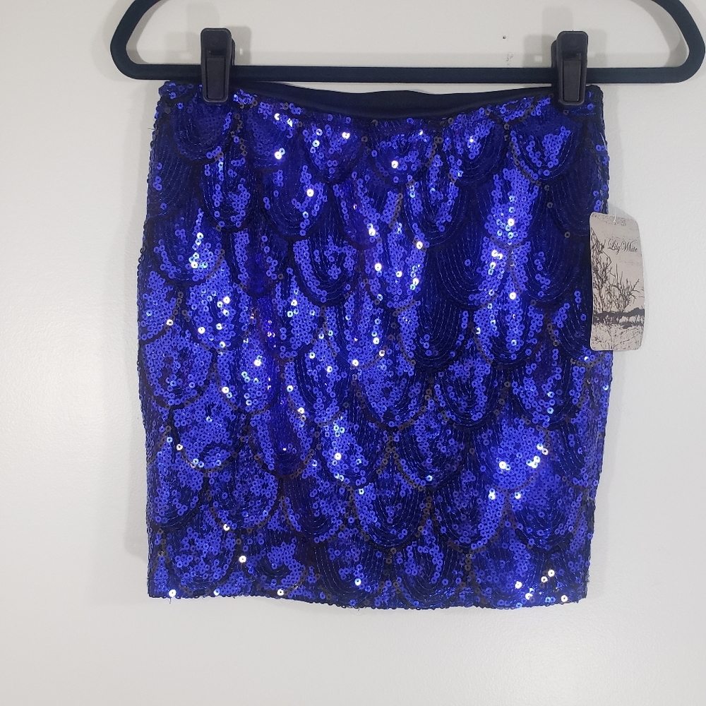 LILY WHITE blue mermaid sequin mini skirt Sz S